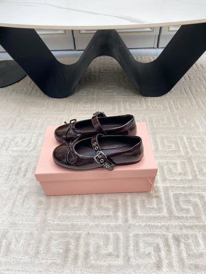 BOW MARY JANE FLAT IN ESPRESSO NAPLAK LAMBSKIN