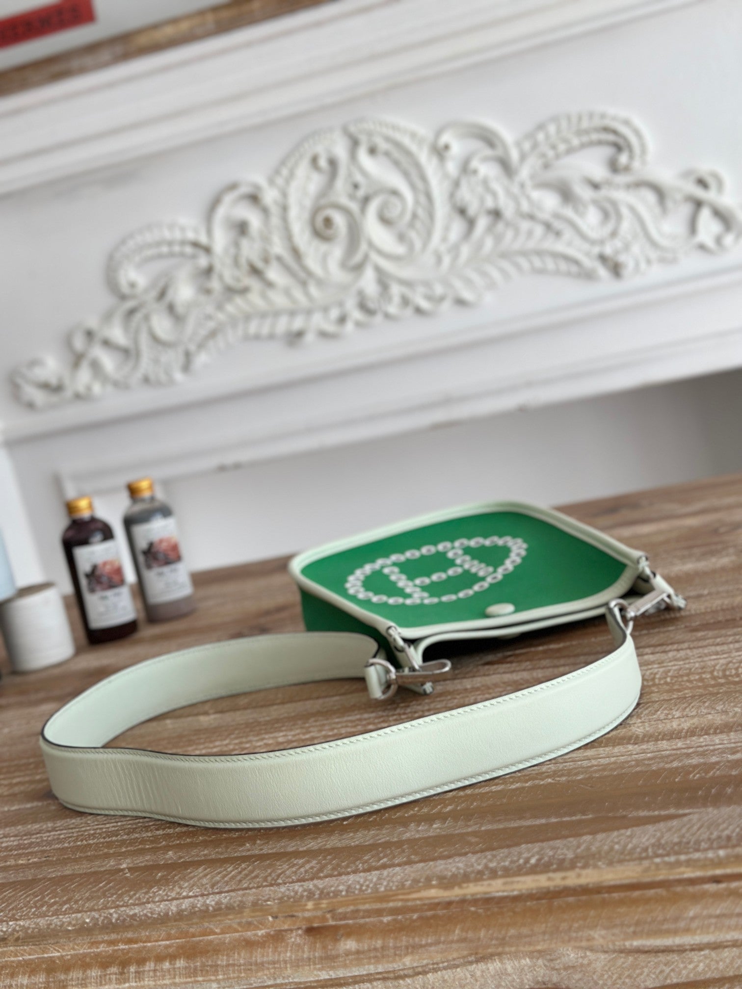 MINI NEO 17 EVELYNE BAG IN EMERALD GREEN CANVAS AND WHITE CALFSKIN
