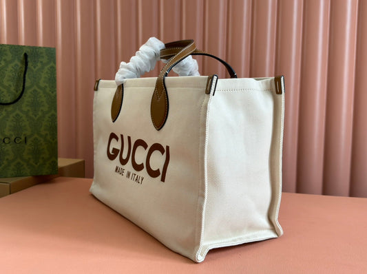 TOTE BAG PRINTED LOGO 41.5 IN BROWN CALFSKIN OFF WHITE CANVAS