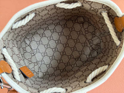 SMALL DRAWSTRING SHOULDER BAG 21 IN WHITE CANVAS BROWN CALFSKIN
