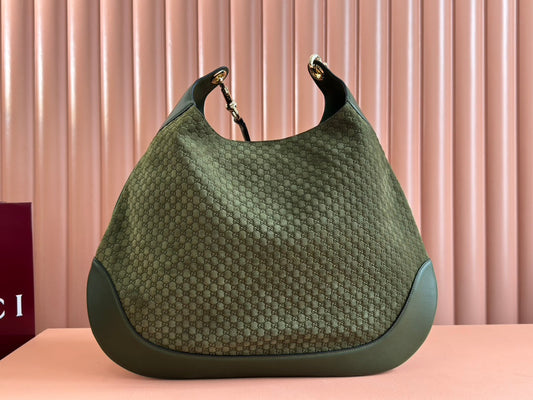 B LARGE SHOULDER BAG 49 IN ARMY GREEN GG EMBOSSED SUEDE
