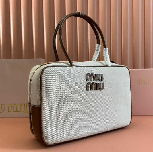 BEAU TOP HANDLE BAG 34 IN WHITE CANVAS AND WALNUT BROWN CALFSKIN TRIM