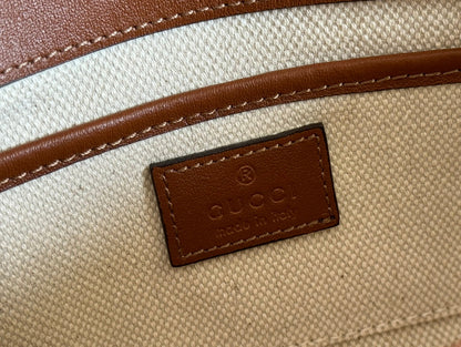 SMALL HORSEBIT 1955 SHOULDER BAG 22.6 IN BEIGE/EBONY GG WITH BROWN CALFSKIN TRIM