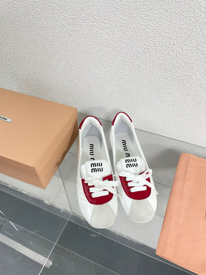 White Leather Ballet Flats With Red