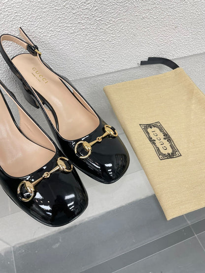 GG WOMEN'S HORSEBIT SLINGBACK 75MM IN BLACK CALFSKIN
