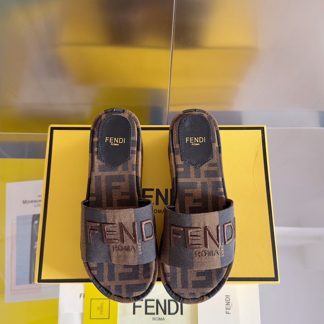 FENDI PLATFORM WEDGES IN CHOCOLATE BROWN FF MONOGRAM FABRIC