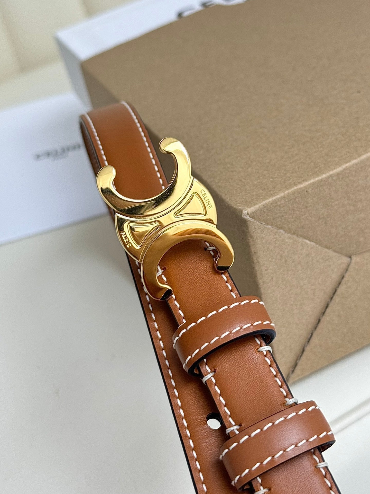SMALL TRIOMPHE BELT 18 MM BRONZE BROWN LEATHER GOLD HARDWARE