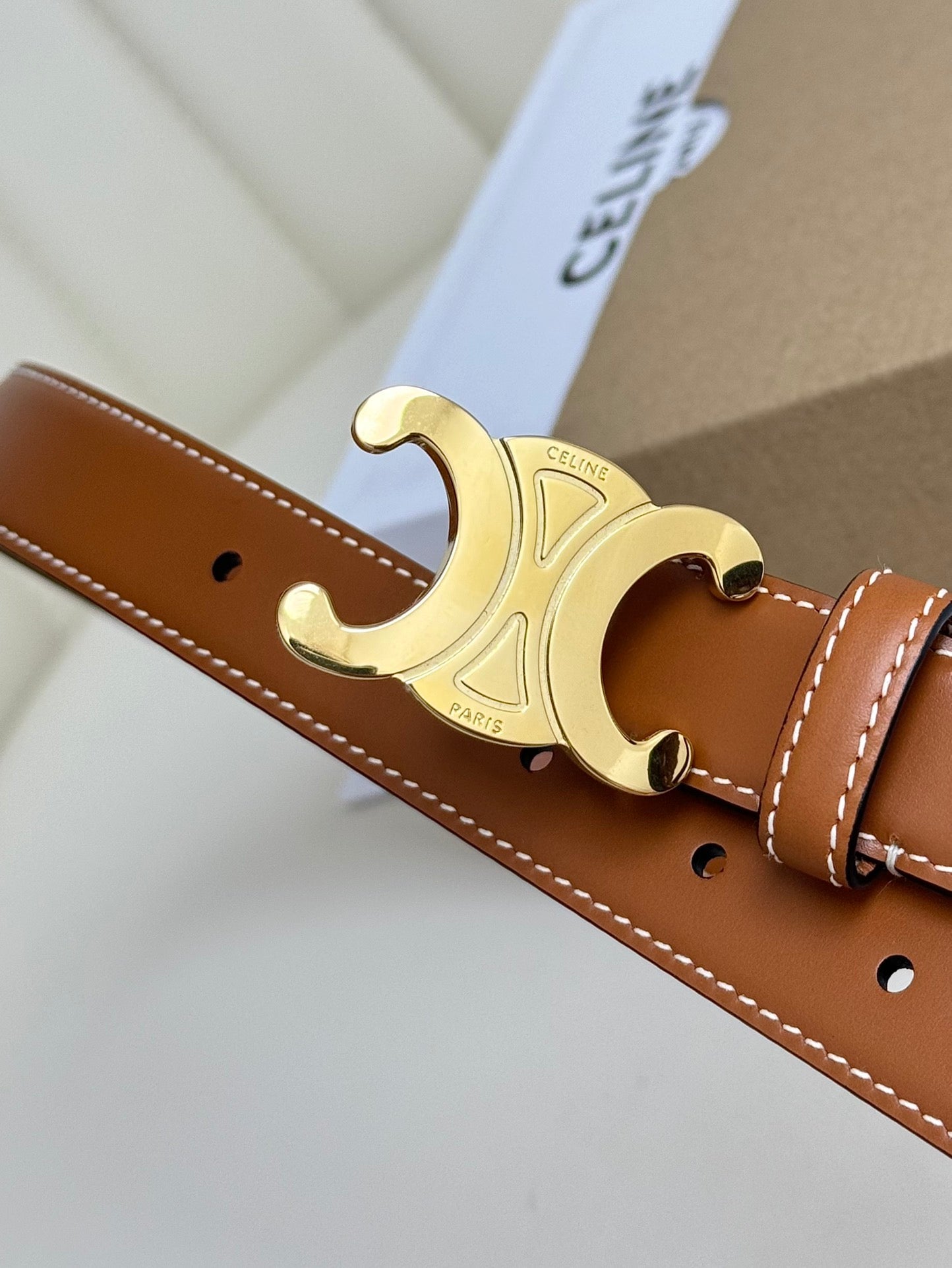 MEDIUM TRIOMPHE BELT 25MM BRONZE BROWN LEATHER GOLD HARDWARE