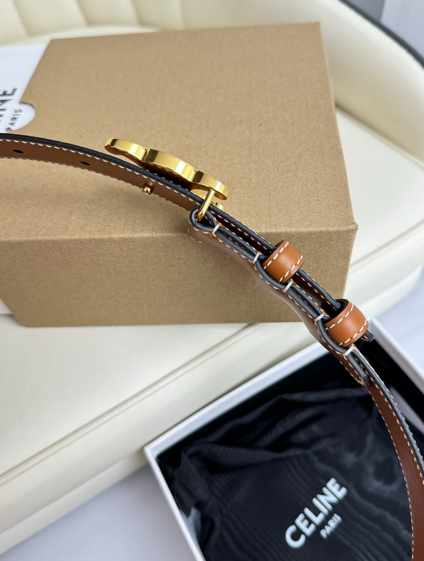 MEDIUM TRIOMPHE BELT 25MM BRONZE BROWN LEATHER GOLD HARDWARE