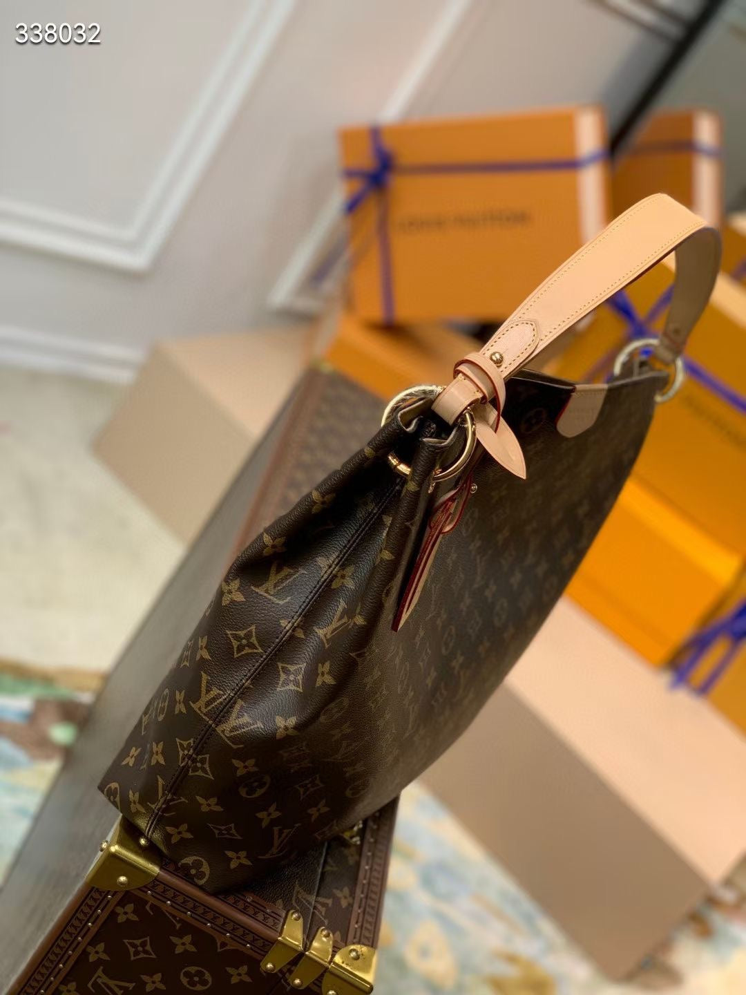 GRACEFUL MM BAG 41 IN BROWN MONOGRAM COATED CANVAS BEIGE CALFSKIN
