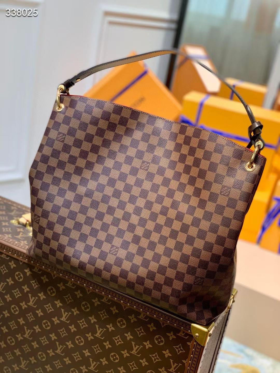 GRACEFUL MM BAG 41 IN BROWN DAMIER COATED CANVAS BROWN CALFSKIN