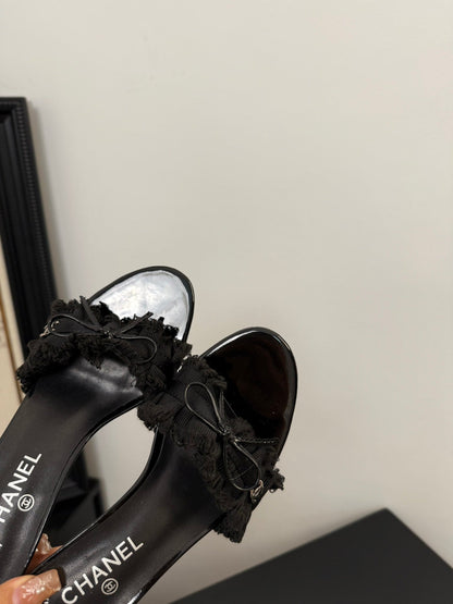 BLACK GROSGRAIN CANVAS BOW MULE SANDALS 65 MM