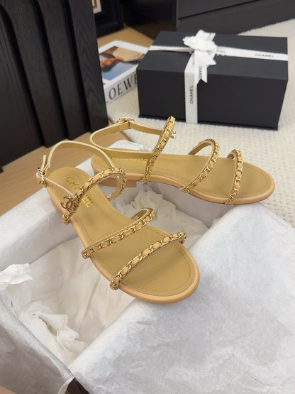 THREE-STRAPS SANDALS IN SAND YELLOW CALFSKIN WITH GOLD HARDWARE