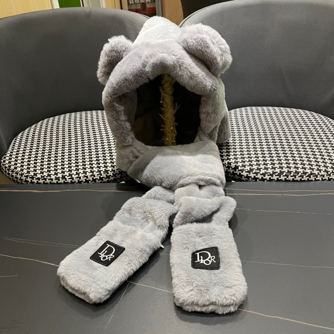 PLUSH WARM HAT IN GRAY RABBIT FUR WITH FOX EARS 439586