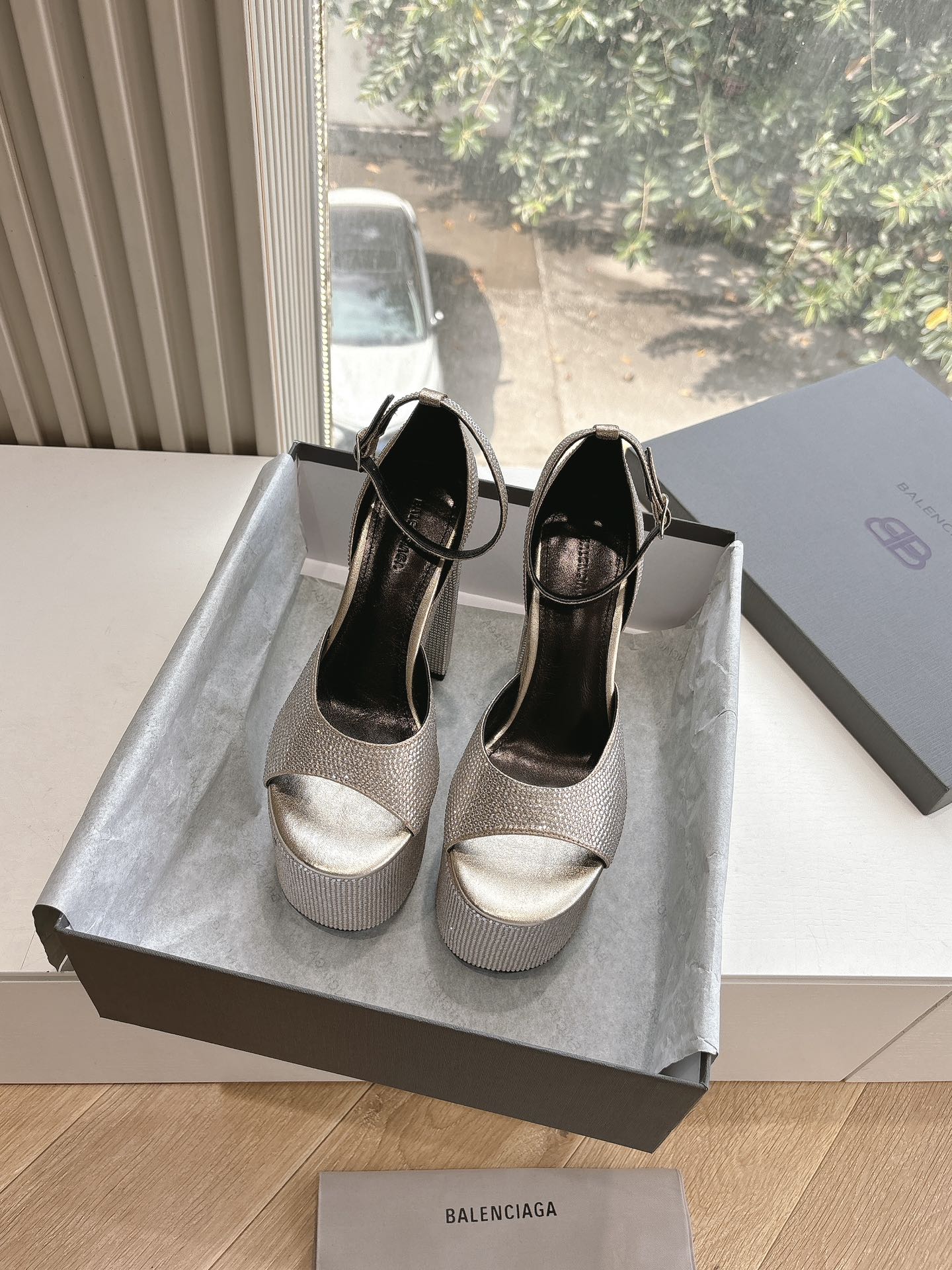 PLATFORM ANKLE STRAP HEELS IN BEIGE METALLIC ATTACHED RHINESTONES CALFSKIN