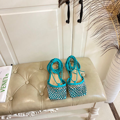 LACE-UP FLAT SANDAL IN CERULEAN BLUE METALLIZED MESH AND LEATHER WITH RHINSTONES