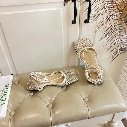 LACE-UP FLAT SANDAL IN WHITE CREAM METALLIZED MESH AND LEATHER WITH RHINSTONES
