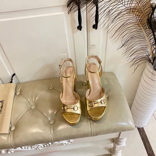 GG HORSEBIT PLATFORM SANDAL IN GOLD YELLOW SHEEPSKIN
