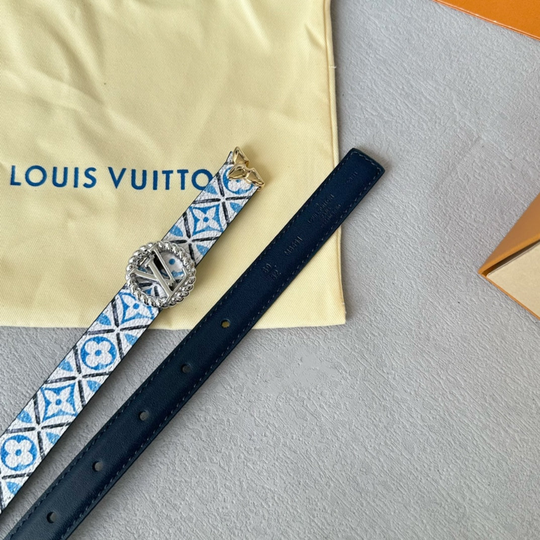 LV Circle Nautical 20mm Reversible Belt Silver Buckle Black White Blue Lambskin