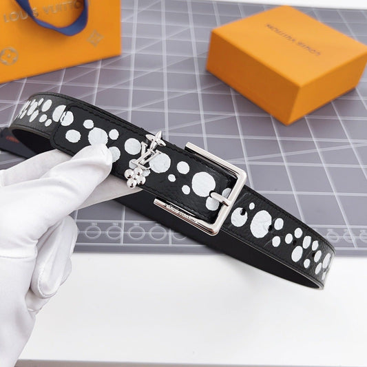 LV Bloom 30mm Belt Silver Buckle Black White Leather