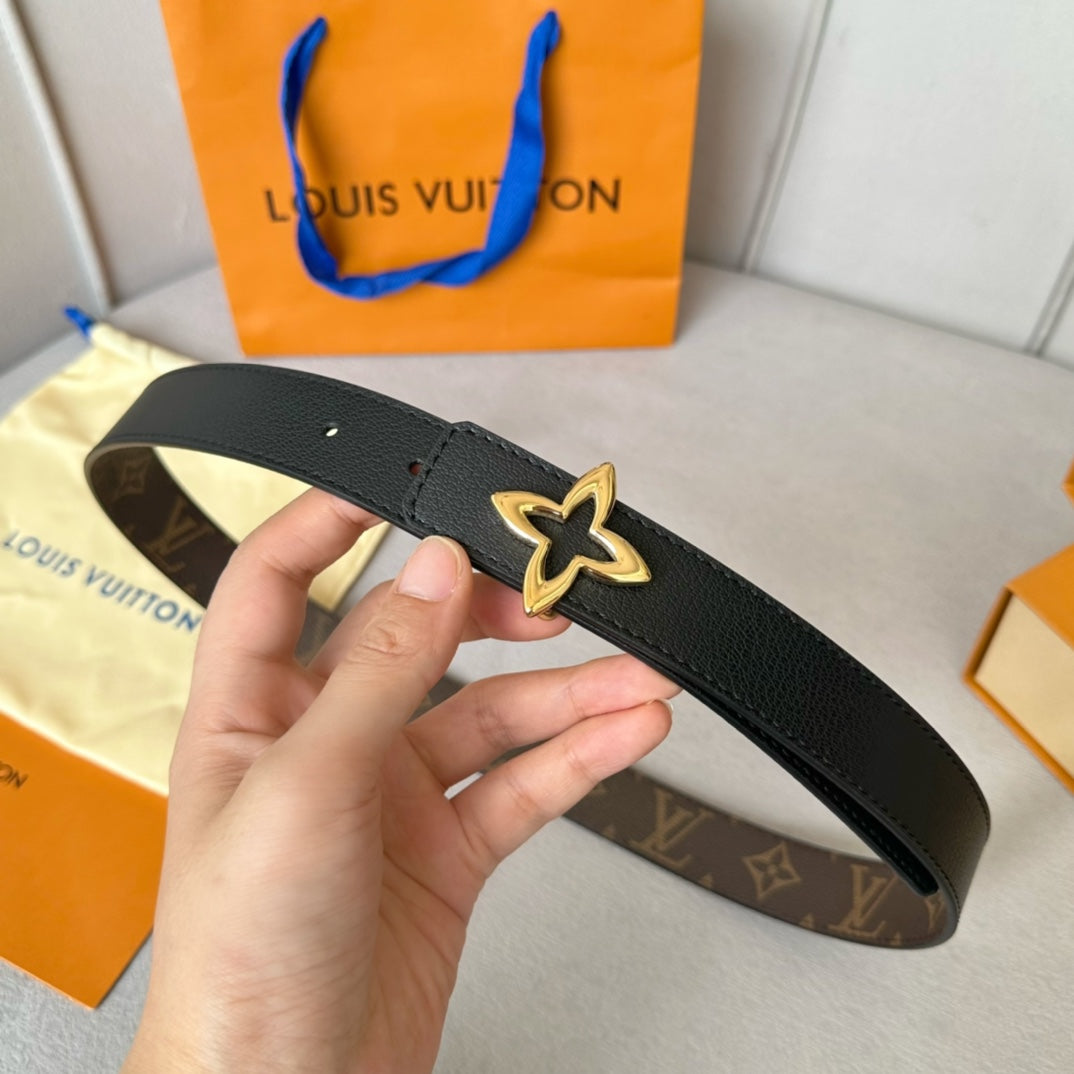 LV Flowergram 30mm Reversible Belt Gold Buckle Black Brown Leather
