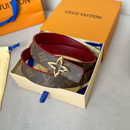 LV Flowergram 30mm Reversible Belt Gold Buckle Burgundy Brown Leather