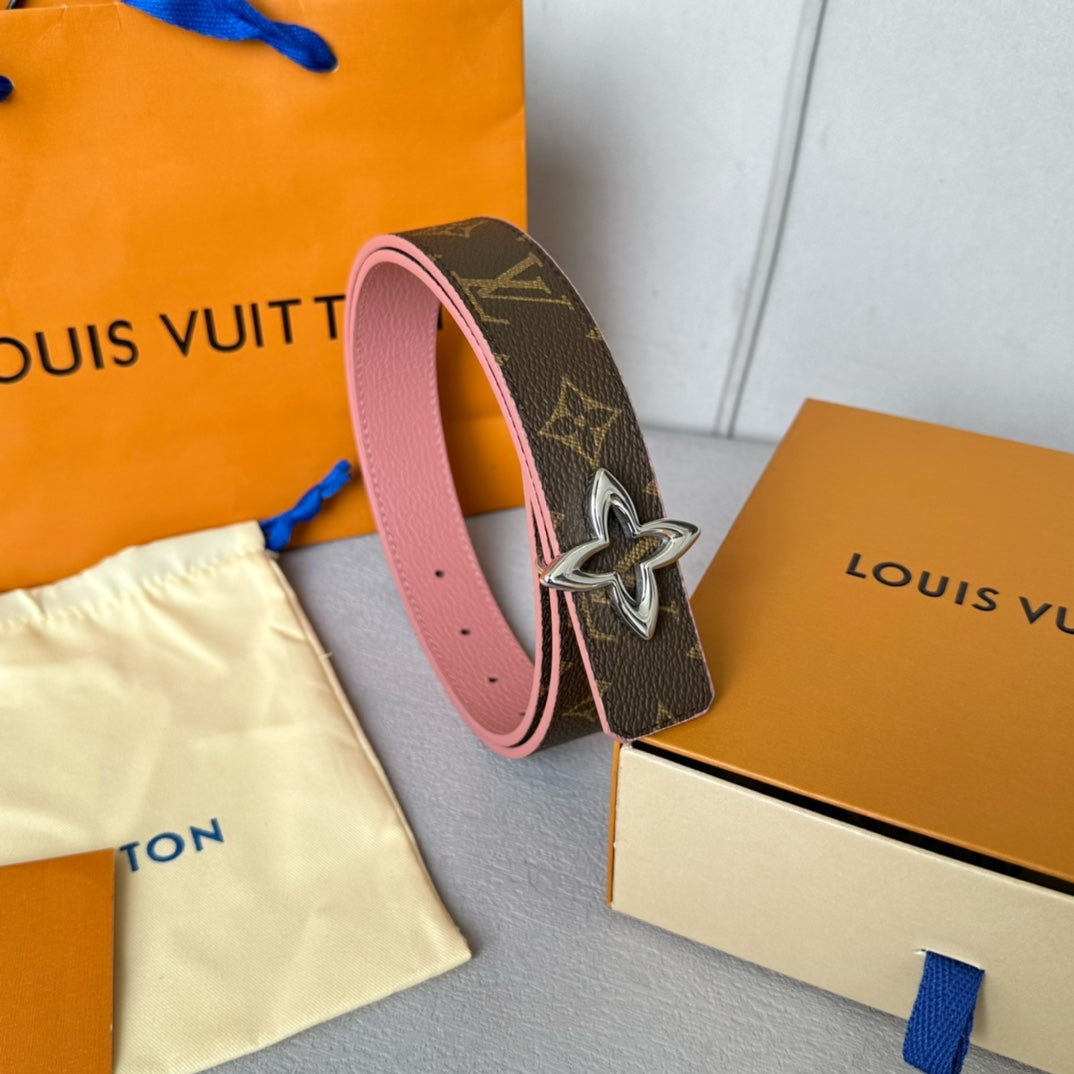 LV Flowergram 30mm Reversible Belt Silver Buckle Pink Brown Leather