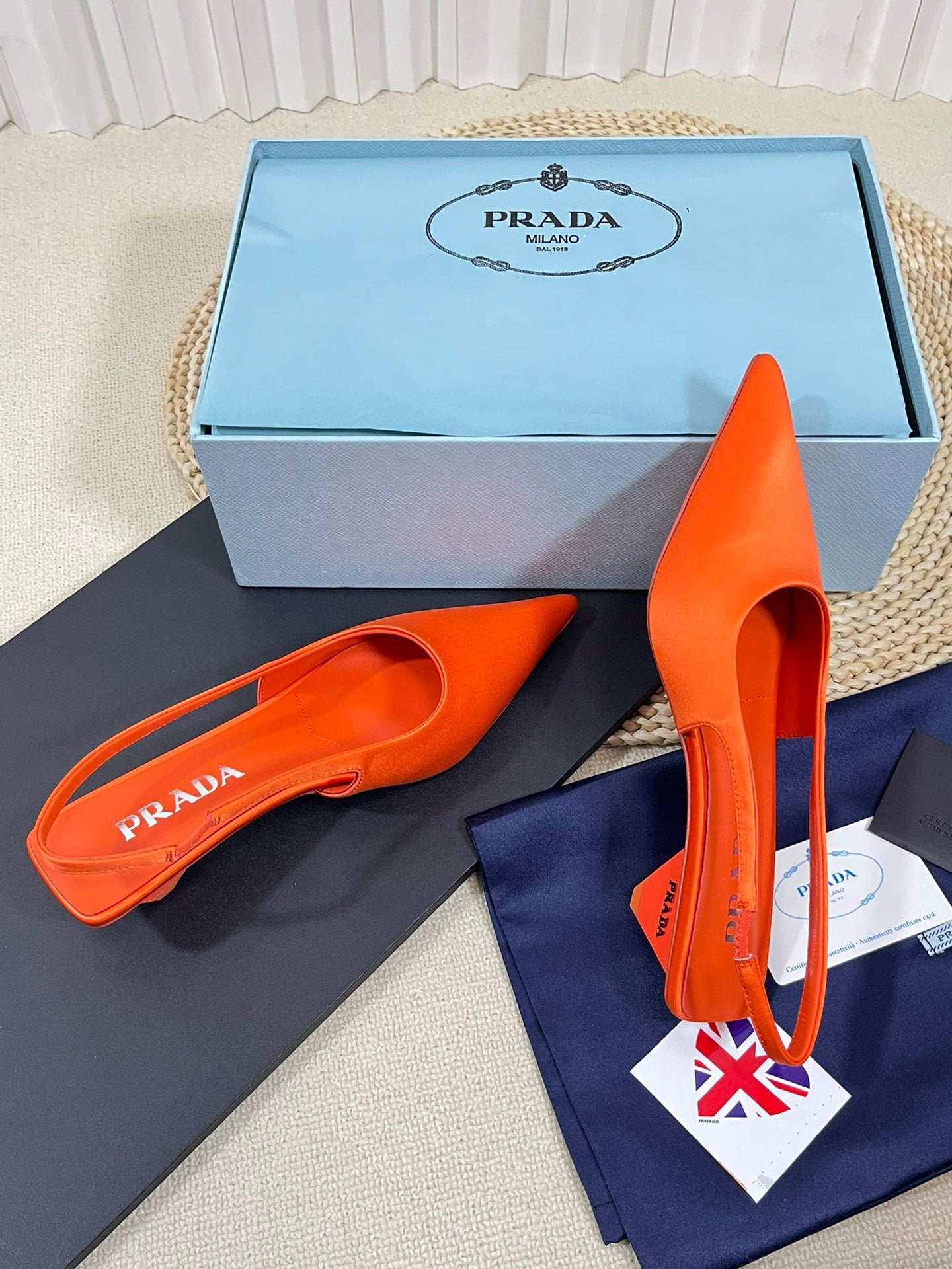PRA POINTED TOE SLINGBACK PUMPS BRIGHT ORANGE SATIN