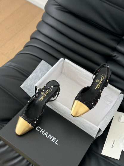 HIGH SLINGBACK IN BLACK TWEED AND GOLDEN LAMBSKIN