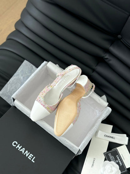 HIGH SLINGBACK IN LIGHT PINK TWEED MIX WHITE LAMBSKIN