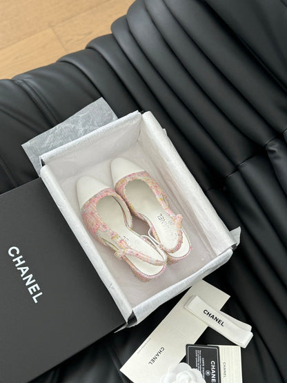 HIGH SLINGBACK IN LIGHT PINK TWEED MIX WHITE LAMBSKIN