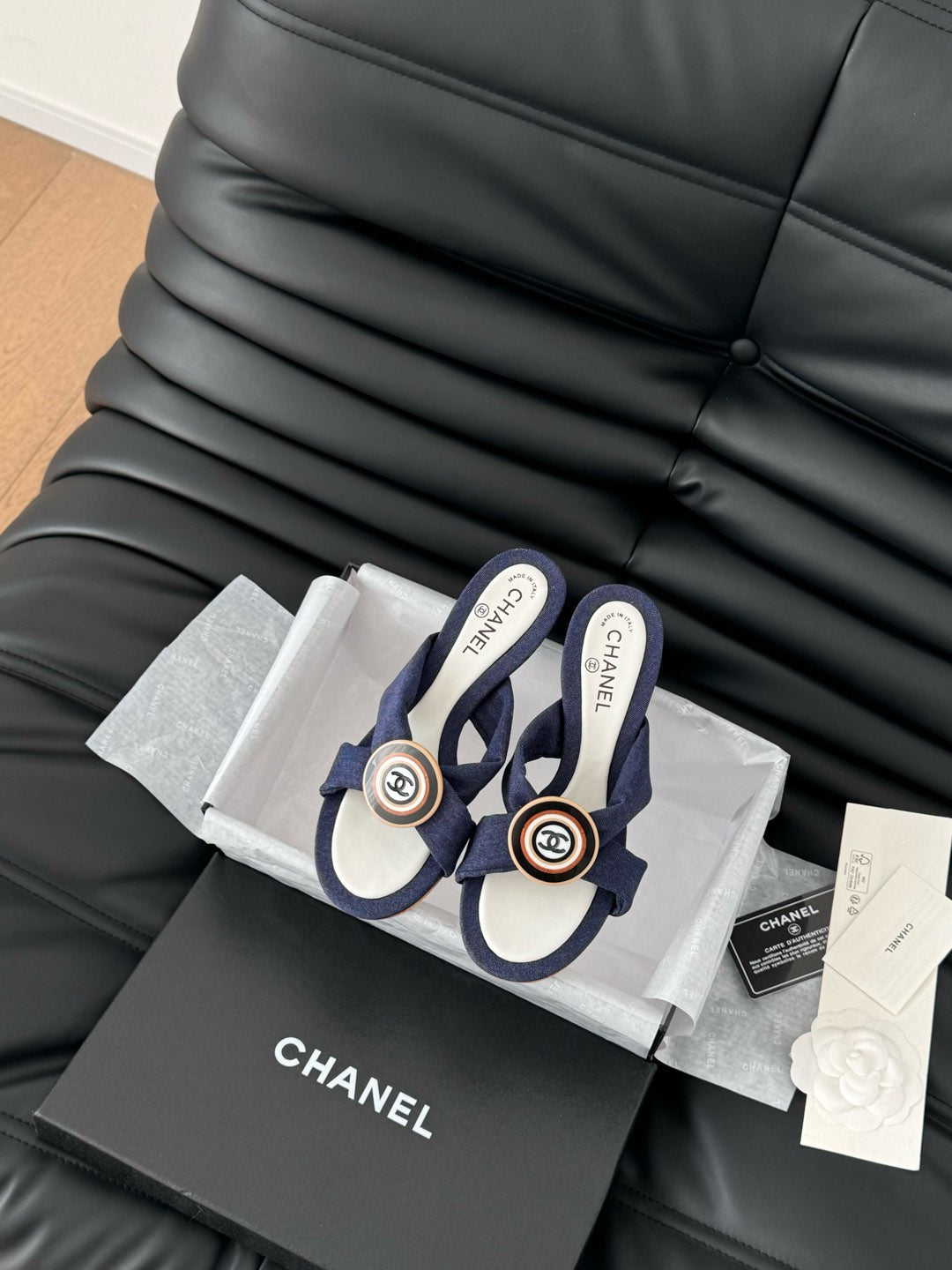 NAVY BLUE FABRIC CC SLIDE SANDALS