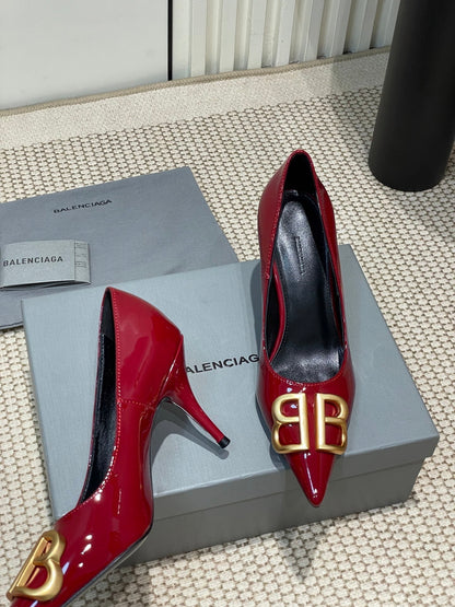 POINTED BB GOLD BUCKLE HIGH PUMPS 80MM IN RED PATENT CALFSKIN