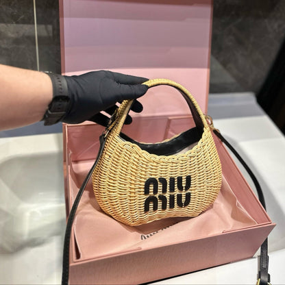 WANDER WICKER HOBO BAG 23 IN TAN BROWN HANDWOVEN WITH BLACK CALFSKIN LOGO