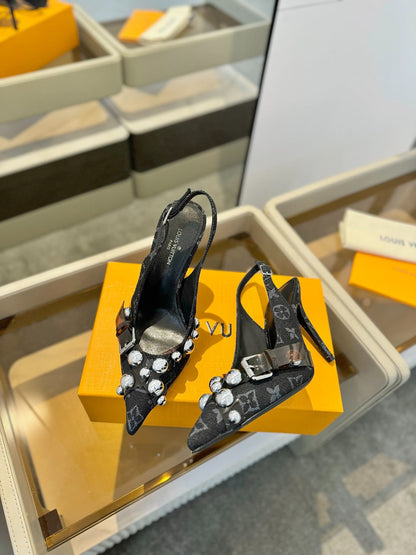 HIGH HEELS 95 MM IN BLACK MONOGRAM DENIM WITH CRYSTALS