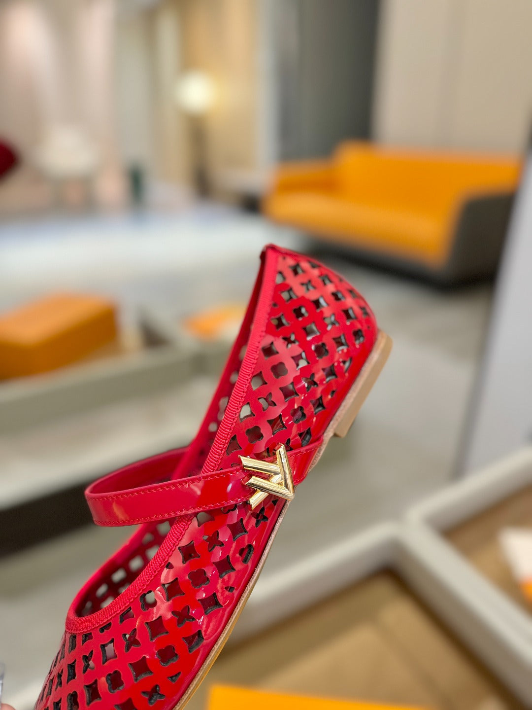 ROMY FLAT BALLERINA IN CHERRY RED MESH PATENT CALFSKIN