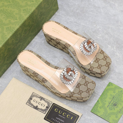 HIGH WEDGE PLATFORM IN CAMEL BEIGE CANVAS WITH DOUBLE CRYSTAL G BUCKLE