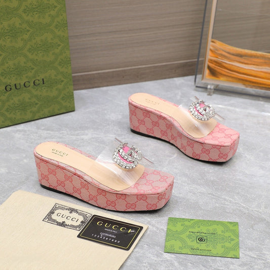 HIGH WEDGE PLATFORM IN LIGHT PINK CANVAS WITH DOUBLE CRYSTAL G BUCKLE