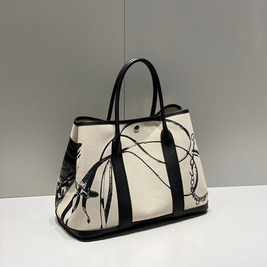 GARDEN PARTY 36 IN BEIGE AND BLACK TOILE H CANVAS BLACK CALFSKIN HORSE TACK SKETCH PRINT