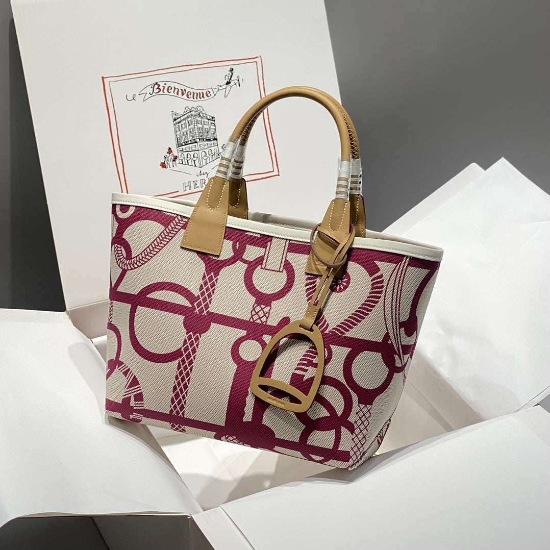 STEEPLE 28 BAG IN OFF-WHITE MIX PERSIAN PLUM RED CANVAS AND BROWN SWIFT LEATHER