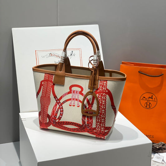 STEEPLE 28 BAG IN OFF-WHITE MIX RED CANVAS AND BROWN CALFSKIN