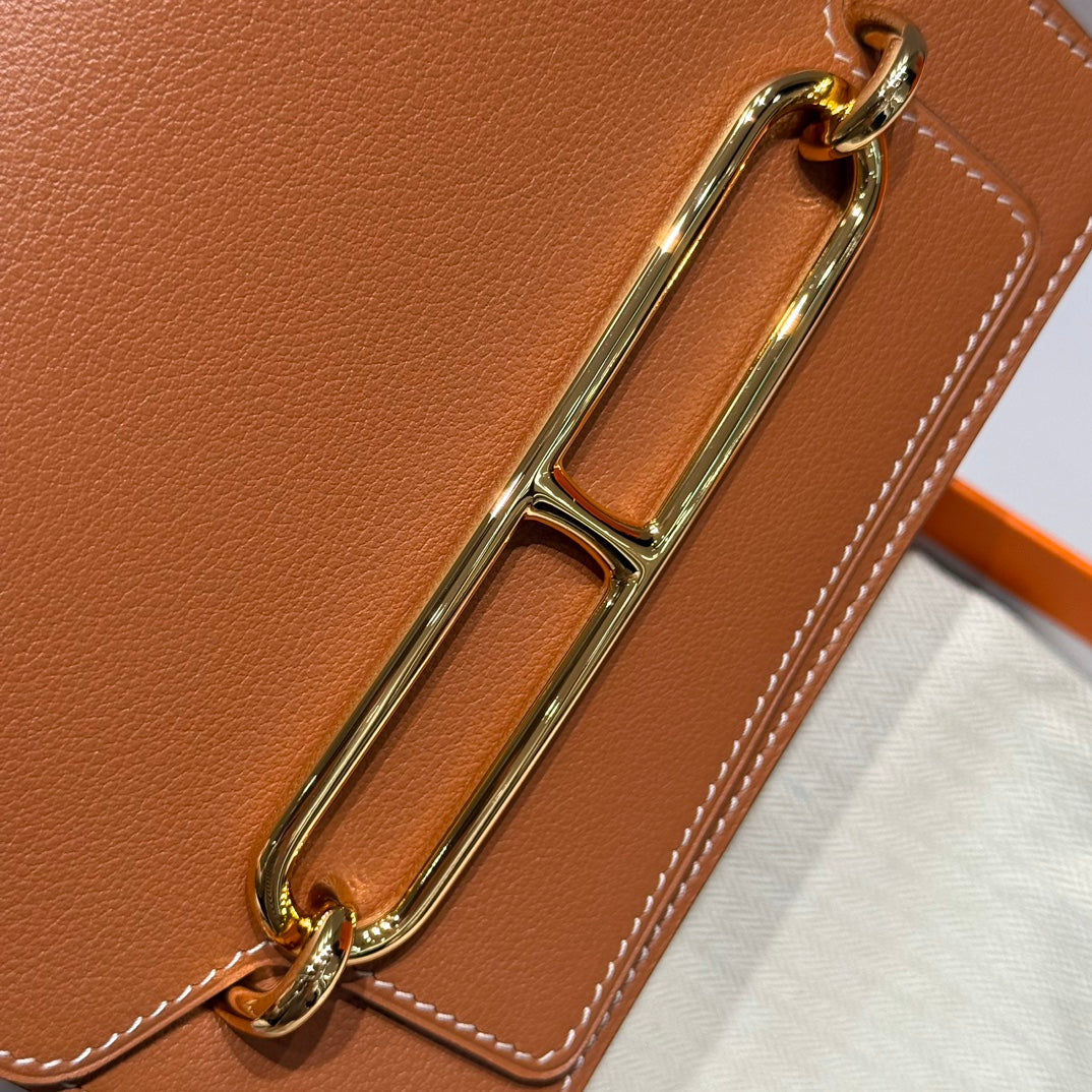 HM ROULIS 18 MINI BAG IN TAWNY BROWN CALFSKIN GOLD-TONE HARDWARE