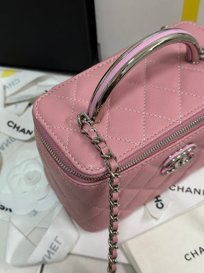 MINI VANITY TOP HANDLE CASE 17 IN PINK CAVIAR SKIN SILVER-TONE PLATED METAL