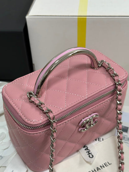 MINI VANITY TOP HANDLE CASE 17 IN PINK CAVIAR SKIN SILVER-TONE PLATED METAL
