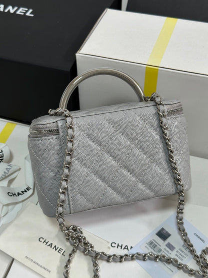 MINI VANITY TOP HANDLE CASE 17 IN GREY CAVIAR SKIN SILVER-TONE PLATED METAL