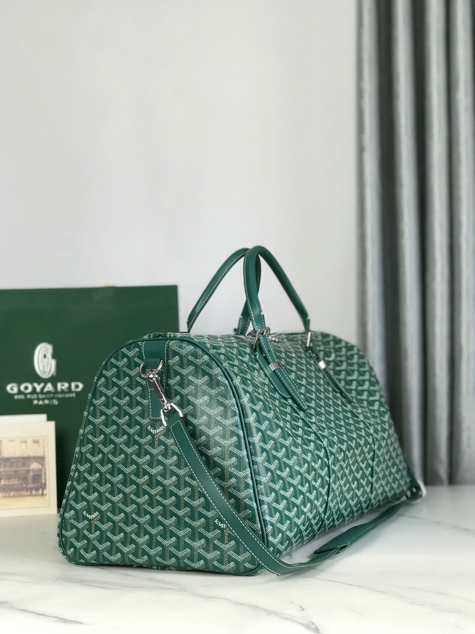 BOSTON 50 BAG IN GREEN GOYARDINE CANVAS AND CALFSKIN TRIM
