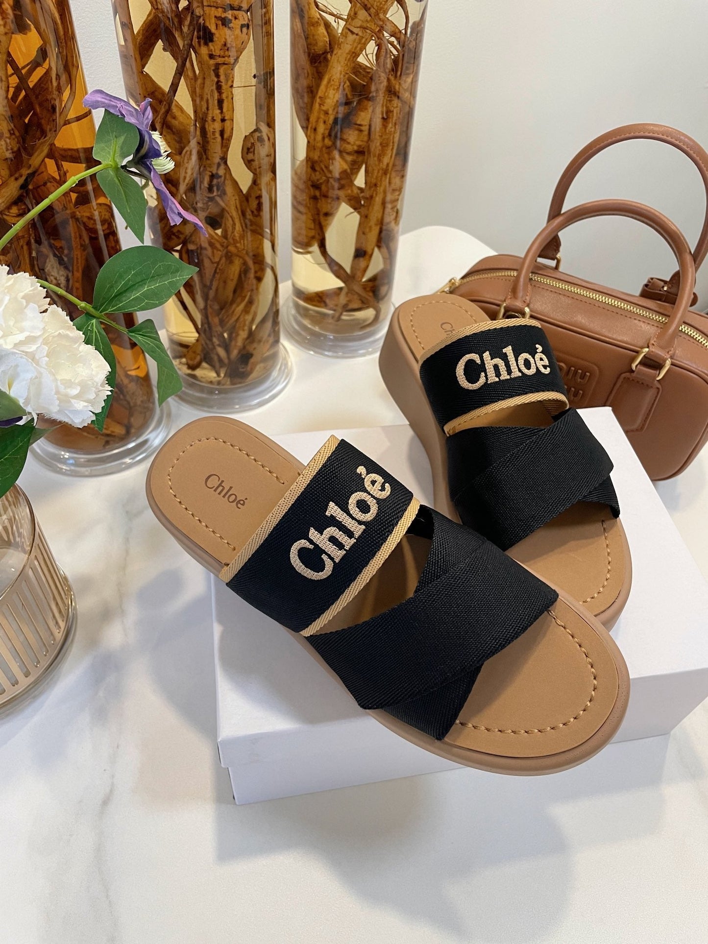 WOODY WEDGE SANDALS IN BLACK CANVAS WITH CIDER BROWN RUBBER SOLE