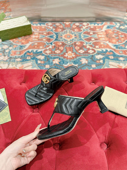 HIGH THONG MULE 55MM IN BLACK CALFSKIN WITH GOLD HARDWARE