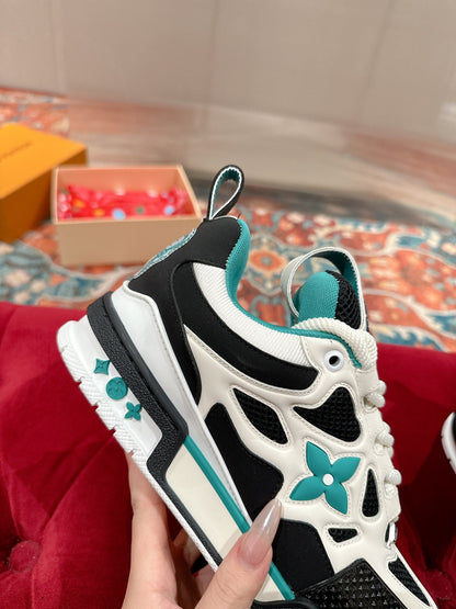 LV SKATE SNEAKER IN WHITE MIX BLACK AND PERSIAN GREEN CALFSKIN