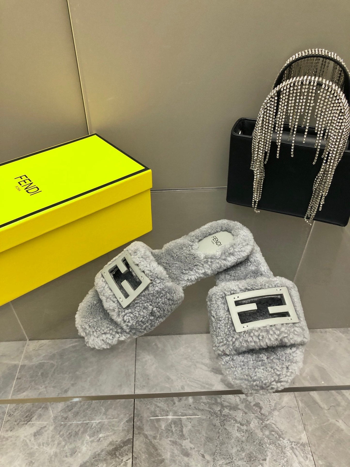FENDI BAGUETTE SLIDE SLIPPERS IN GREY WOOL
